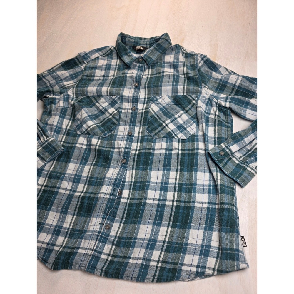 Eddie Bauer Women XL Blue Teal Plaid Flannel Shirt Cotton Lyocell Button Up Boho